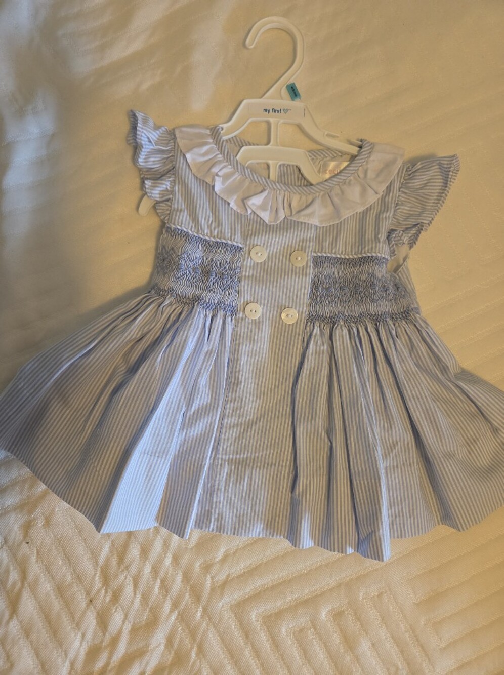Blue and White Striped Ruffle Button Dress